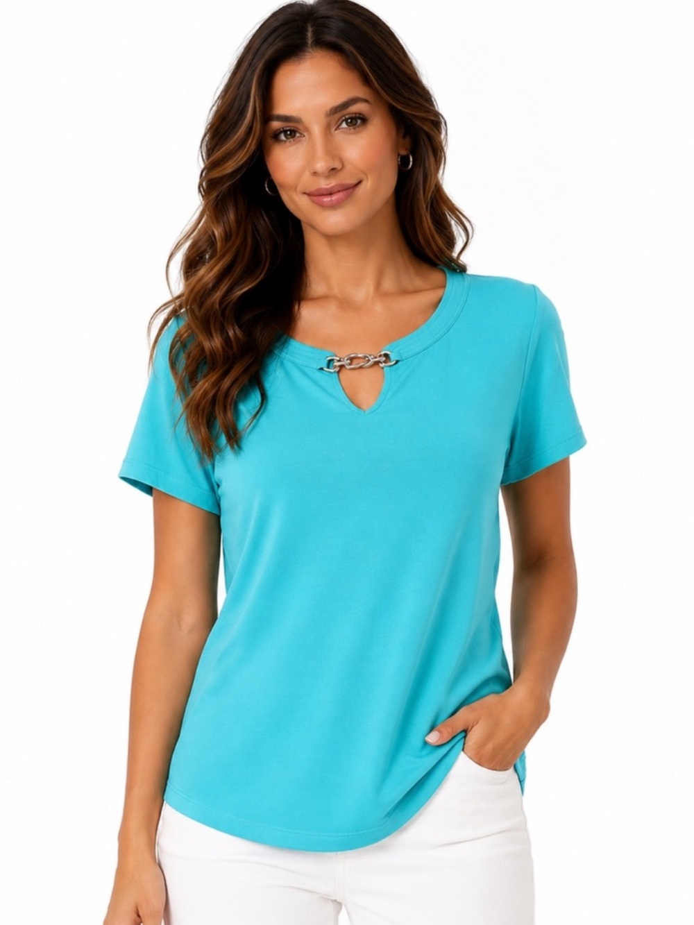 NWT Talbots Aqua Keyhole Chain Neck Top 100% Cotton Size L